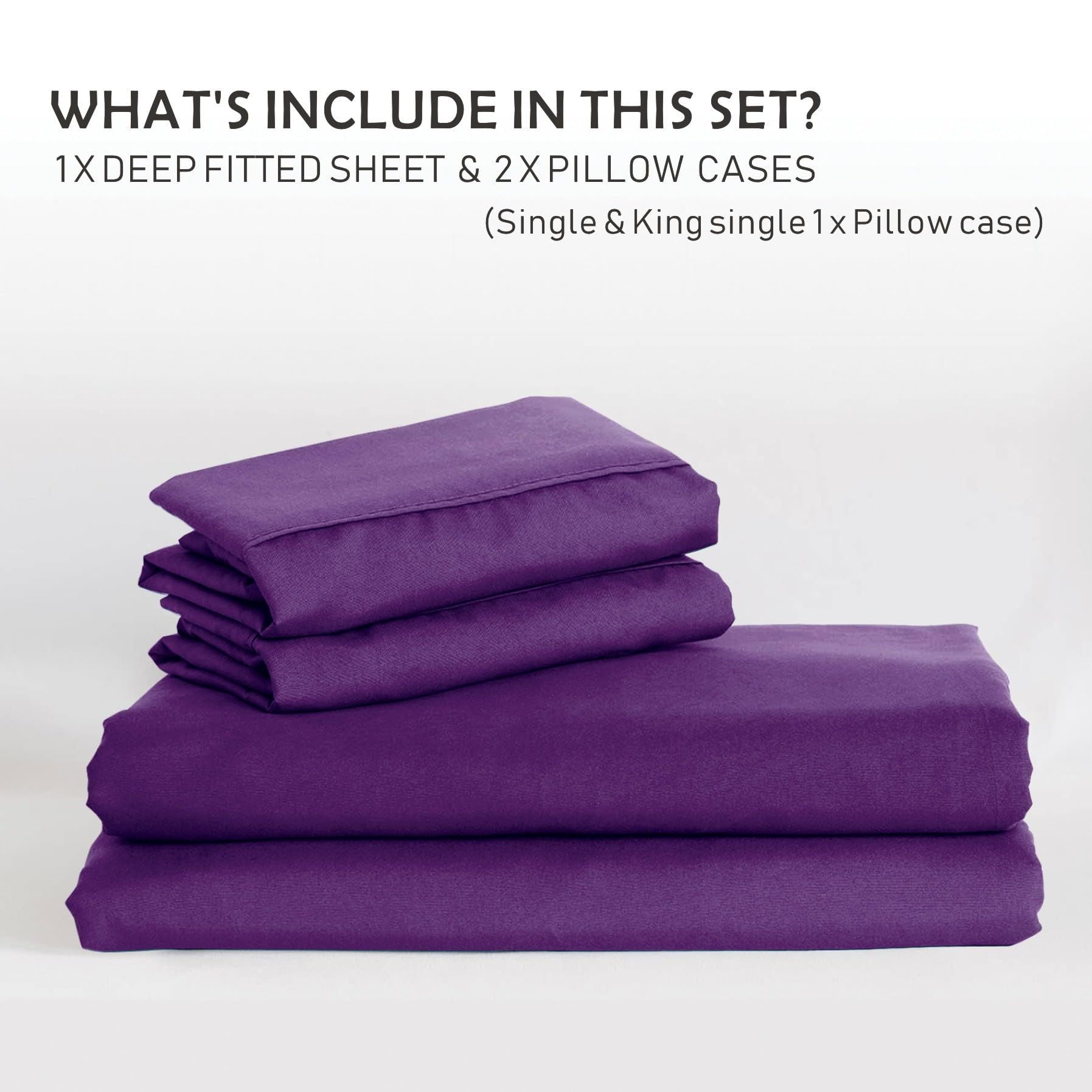 3 Piece Fitted Sheet Set- Fitted Sheet & Pillowcases -Breathable Bedding - Wrinkle, Fade, Stain Resistant- 40cm Deep Pocket Fitted Bed Sheet Set(Purple,Queen)