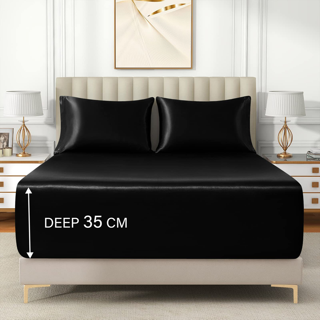 Satin Fitted Sheet Set Hotel 3 Pieces Fitted Sheet with Pillowcase, Art Silk Bedding Set-Luxury Soft Silky Sheets for Hair and Skin, Similar to Silk Fitted Sheets Set 3 Pieces(King,Black)