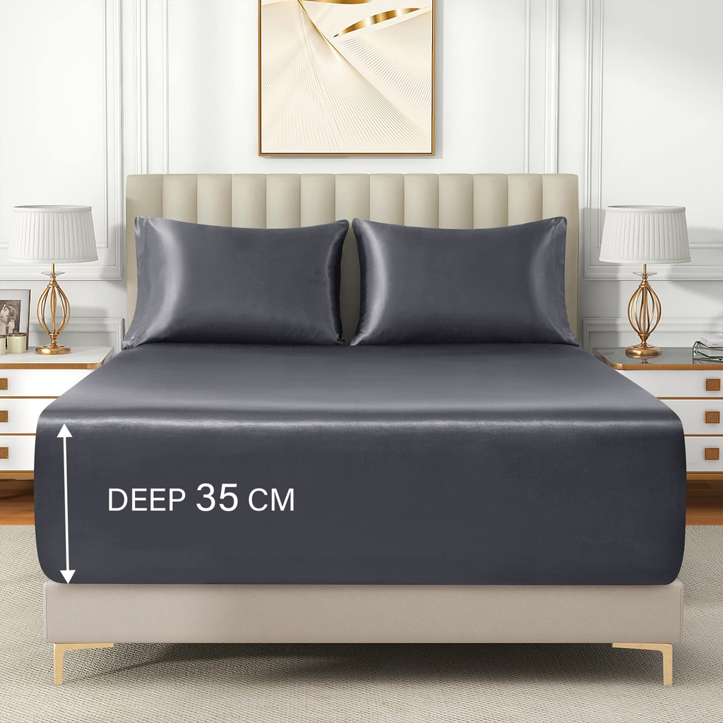 Satin Fitted Sheet Set Hotel 3 Pieces Fitted Sheet with Pillowcase, Art Silk Bedding Set-Luxury Soft Silky Sheets for Hair and Skin, Similar to Silk Fitted Sheets Set 3 Pieces(King,Grey)