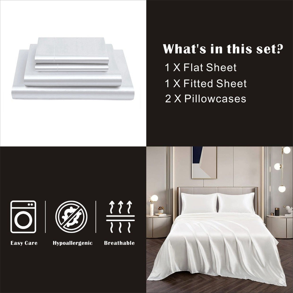 Art Silk Satin Sheet Set Hotel 4 Pieces Fitted/Flat Sheet Bedding Set-Luxury Soft Silky Sheets for Hair and Skin, Similar to Silk Bed Sheets Set 4 Pieces(King,White)