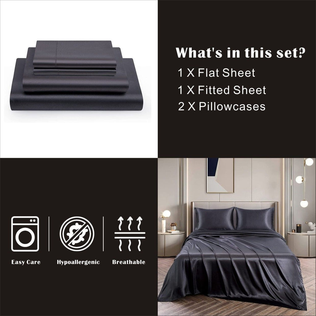Art Silk Satin Sheet Set Hotel 4 Pieces Fitted/Flat Sheet Bedding Set-Luxury Soft Silky Sheets for Hair and Skin, Similar to Silk Bed Sheets Set 4 Pieces(King,Black)