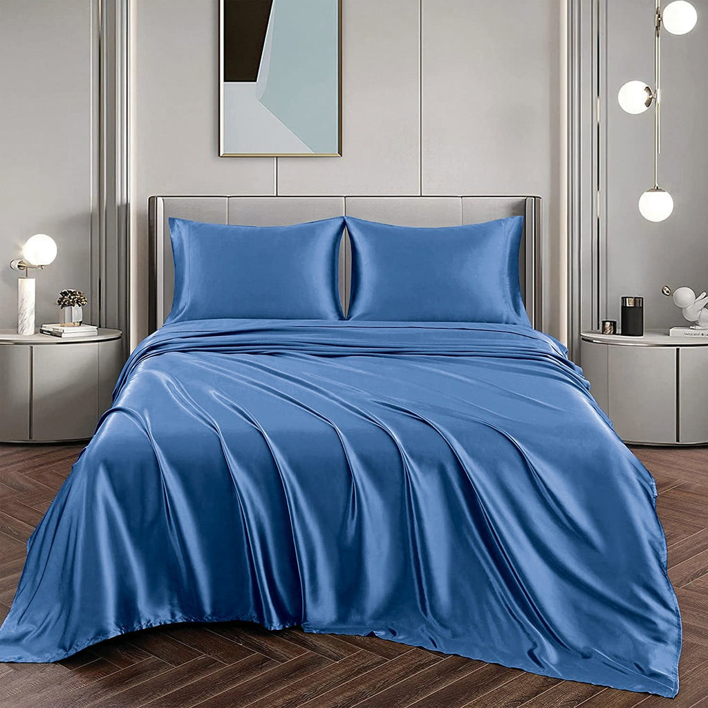 Art Silk Satin Sheet Set Hotel 4 Pieces Fitted/Flat Sheet Bedding Set-Luxury Soft Silky Sheets for Hair and Skin, Similar to Silk Bed Sheets Set 4 Pieces(King,Ocean)