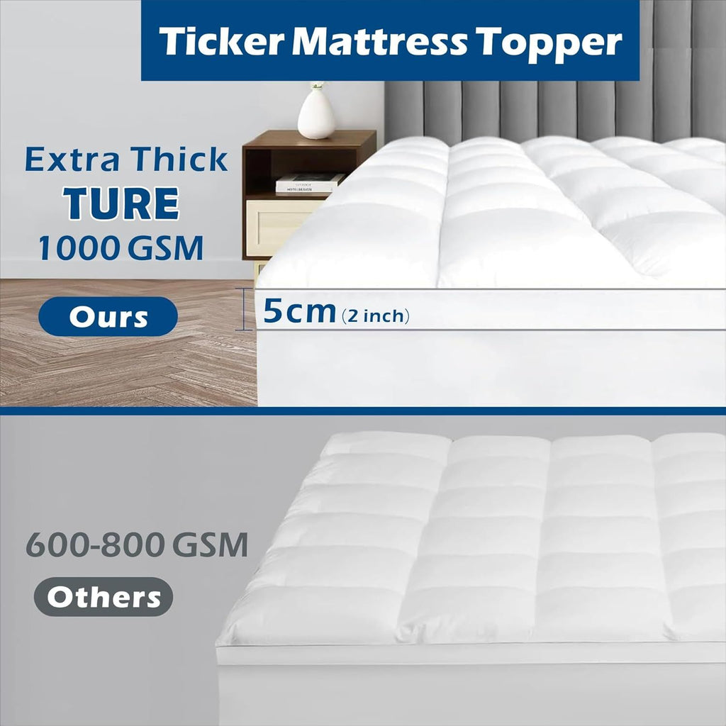 1000GSM Mattress Topper Viscose Derived from Bamboo, Thick Pillowtop Fitted Mattress Cover with 45cm Deep Skirt - Machine Washable Hypoallergenic(Double,Black)