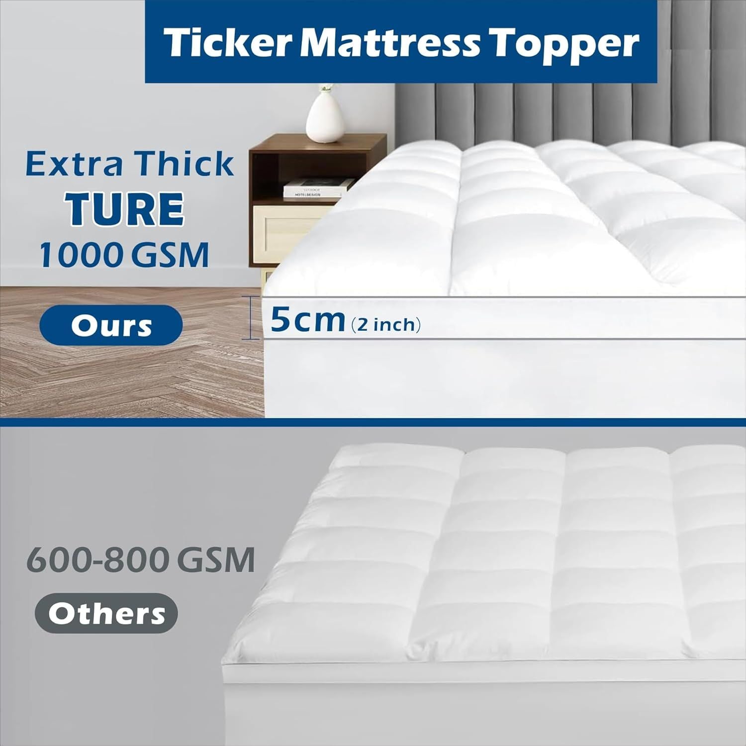 1000GSM Mattress Topper Viscose Derived from Bamboo, Thick Pillowtop Fitted Mattress Cover with 45cm Deep Skirt - Machine Washable Hypoallergenic(Double,Black)