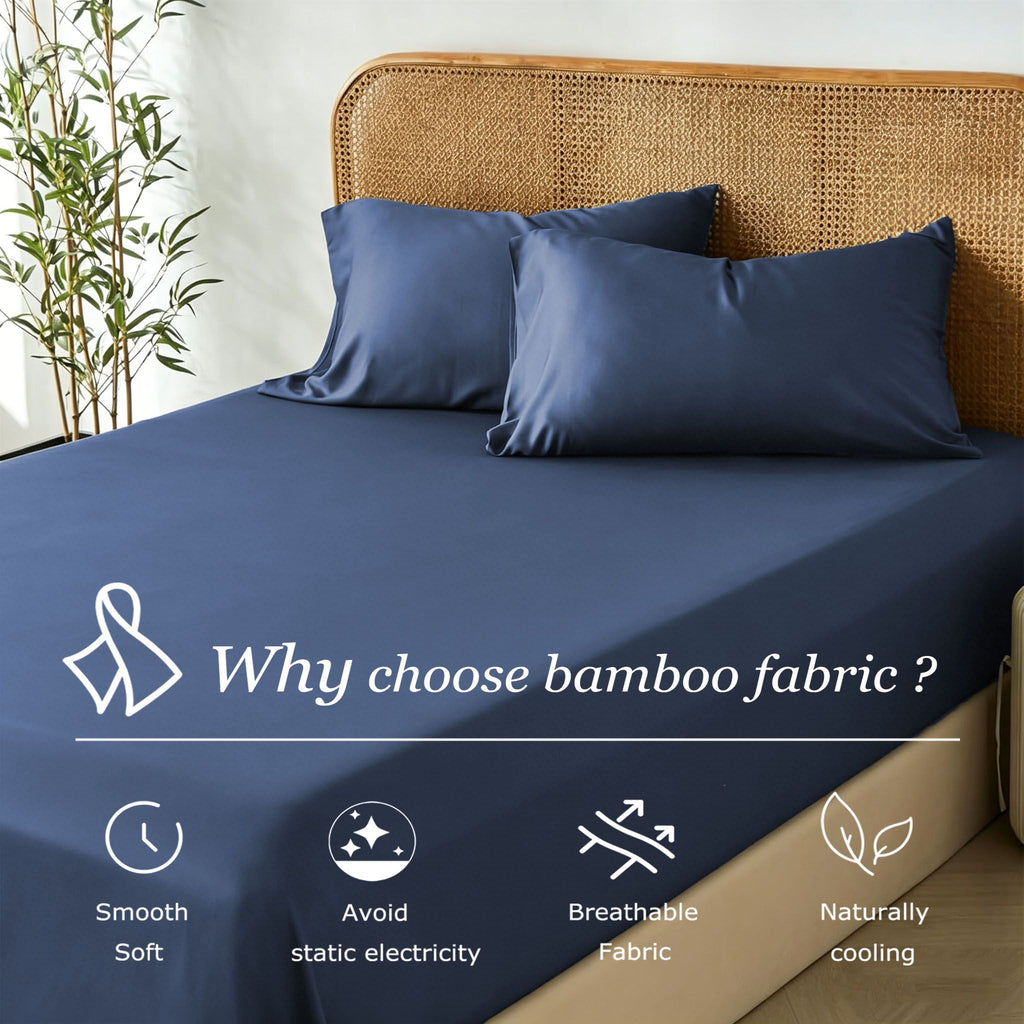 3 Piece Hotel Bamboo Cooling Fitted Sheet Set & Pillowcase -Ultra Soft 2000TC Breathable Fitted Bed Sheets Set with 37 Centimetre Deep Pocket-Cooling Sheets for Hot Sleepers(Navy,King)