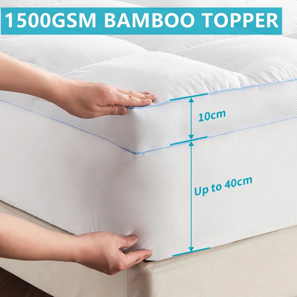 1500GSM Bamboo Mattress Topper Extra Thick 10CM Bed Topper Single: 90 x 191 + 40 cm