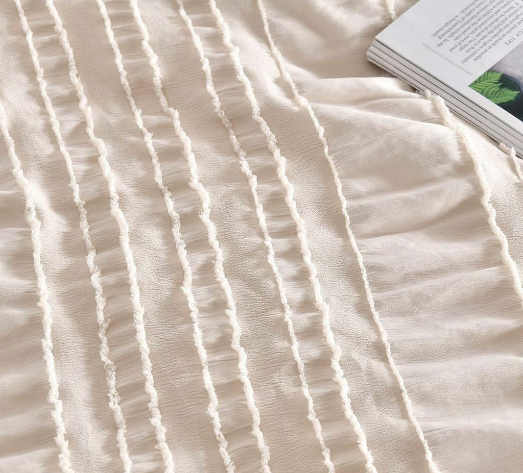 Tufted Boho Striped Embroidery Quilt/Doona/Duvet Cover Set - Super King Size