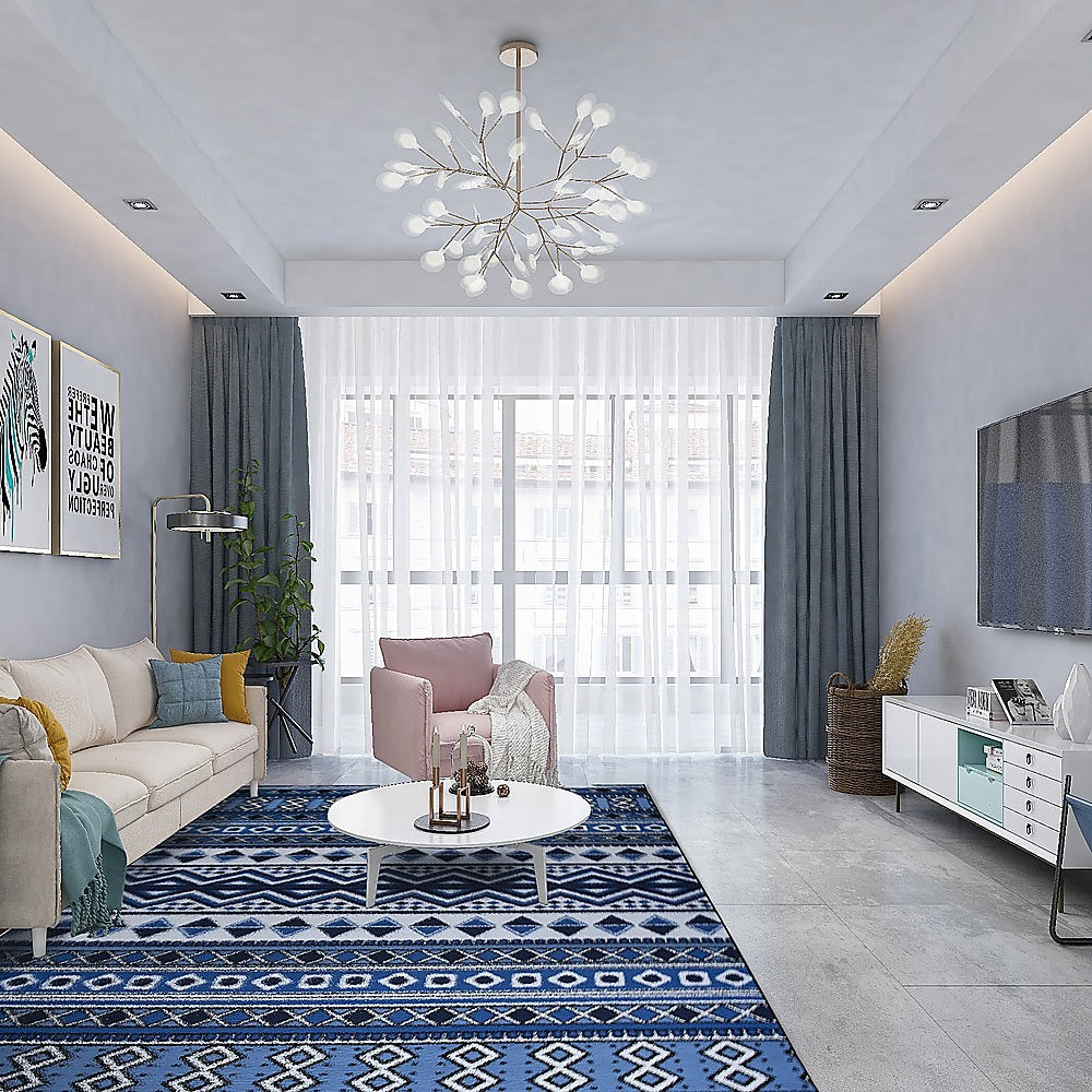 200x300cm Large Floor Blue Ethnic Rug – Modern Area Carpet for Bedroom & Lounge