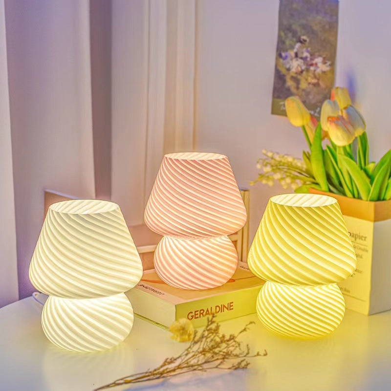 White Retro Swirl Glass Mushroom Table Lamp - USB Powered 3-Level Dimmable Bedside Accent Light