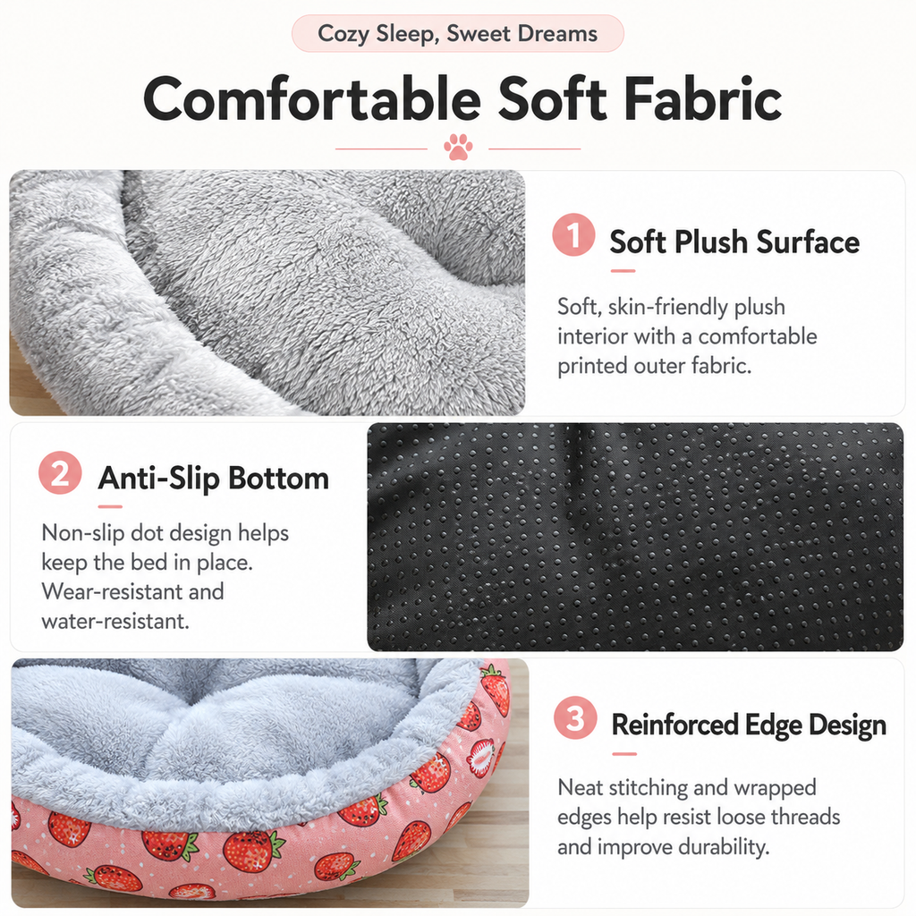 Round Pet Bed for Small Dogs and Cats, Soft Plush Calming Cat Bed with Strawberry Pattern, Cozy Washable Puppy Sleeping Mat, Non Slip Bottom Pet Cushion for Indoor Home Use(Diameter: 34cm)