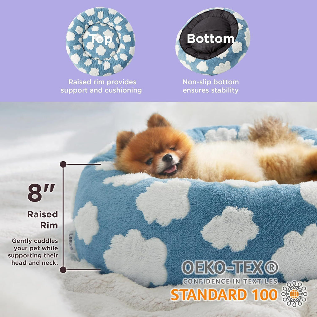 Small Medium Pet Donut Bed (Coffee plaid) -50cm outer diameter, Soft Plush Round Dog Bed and Cat Bed with Raised Rim, Cozy Calming Pet Sleeping Cushion, Checkered Washable Puppy Bed for Indoor Small Dogs Cats and Kittens