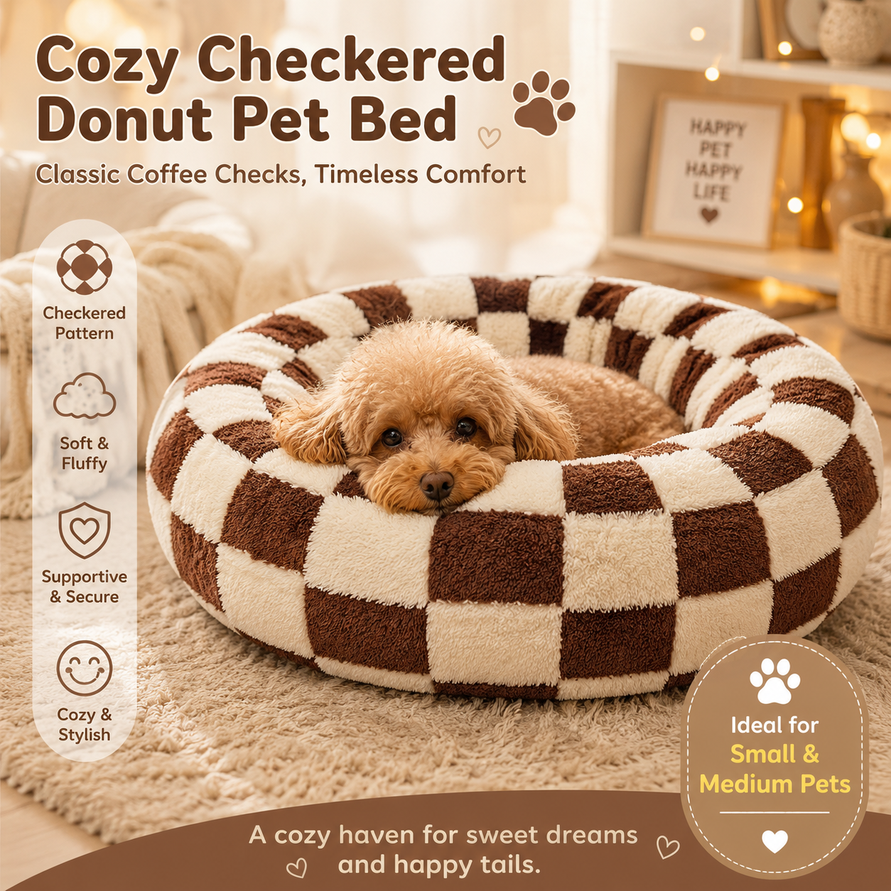 Small Medium Pet Donut Bed (Coffee plaid)-60cm outer diameter, Soft Plush Round Dog Bed and Cat Bed with Raised Rim, Cozy Calming Pet Sleeping Cushion, Checkered Washable Puppy Bed for Indoor Small Dogs Cats and Kittens