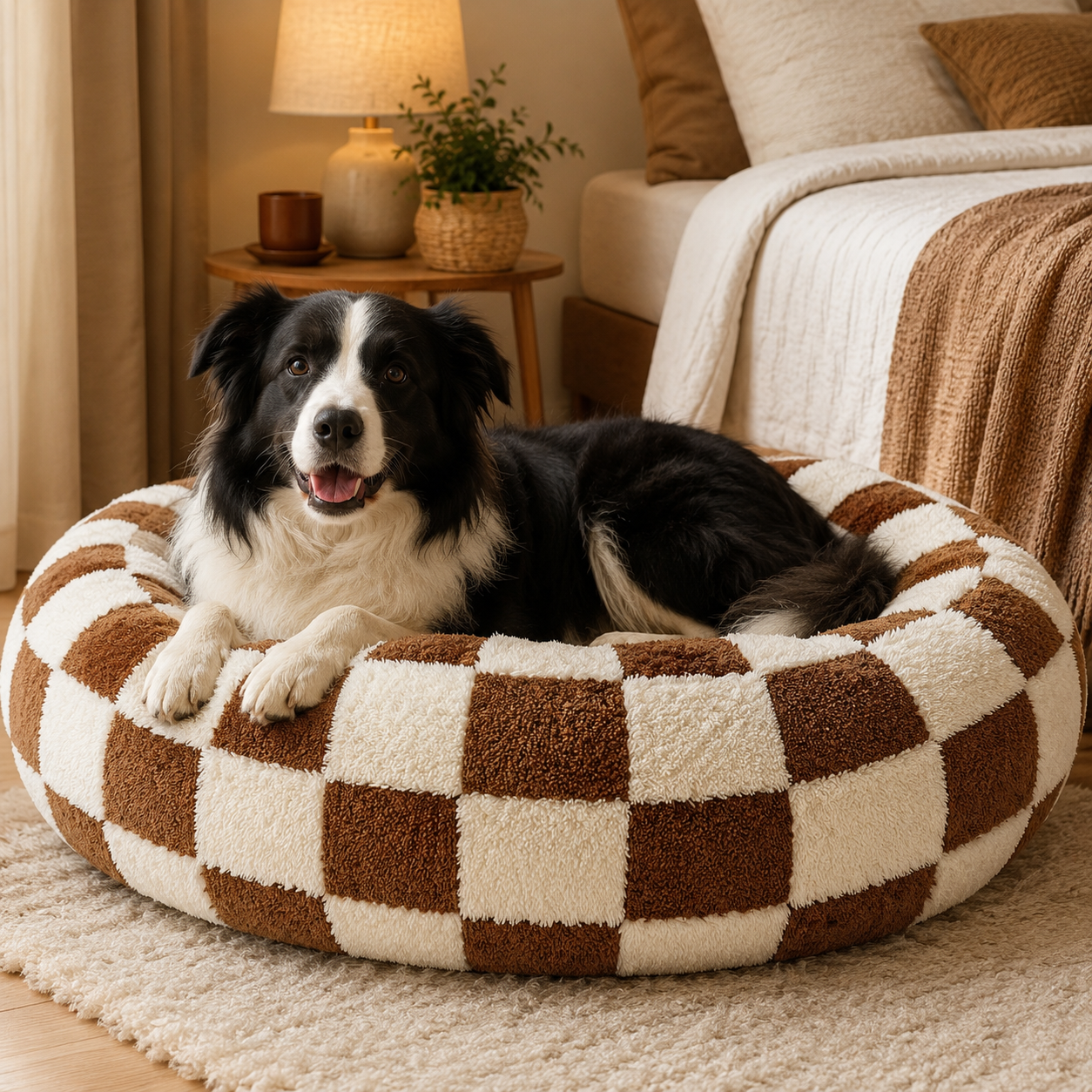 Medium Large Pet Donut Bed (Coffee plaid)-70cm outer diameter, Soft Plush Round Dog Bed and Cat Bed with Raised Rim, Cozy Calming Pet Sleeping Cushion, Checkered Washable Dog Bed for Medium Large Dogs and Cats
