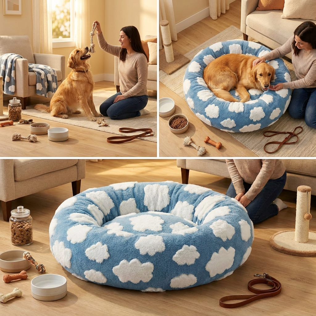 Medium Large Pet Donut Bed (Blue background with white clouds)-70cm outer diameter, Soft Plush Round Dog Bed and Cat Bed with Raised Rim, Cozy Calming Pet Sleeping Cushion, Blue Cloud Pattern Washable Pet Bed for Medium Large Dogs and Cats