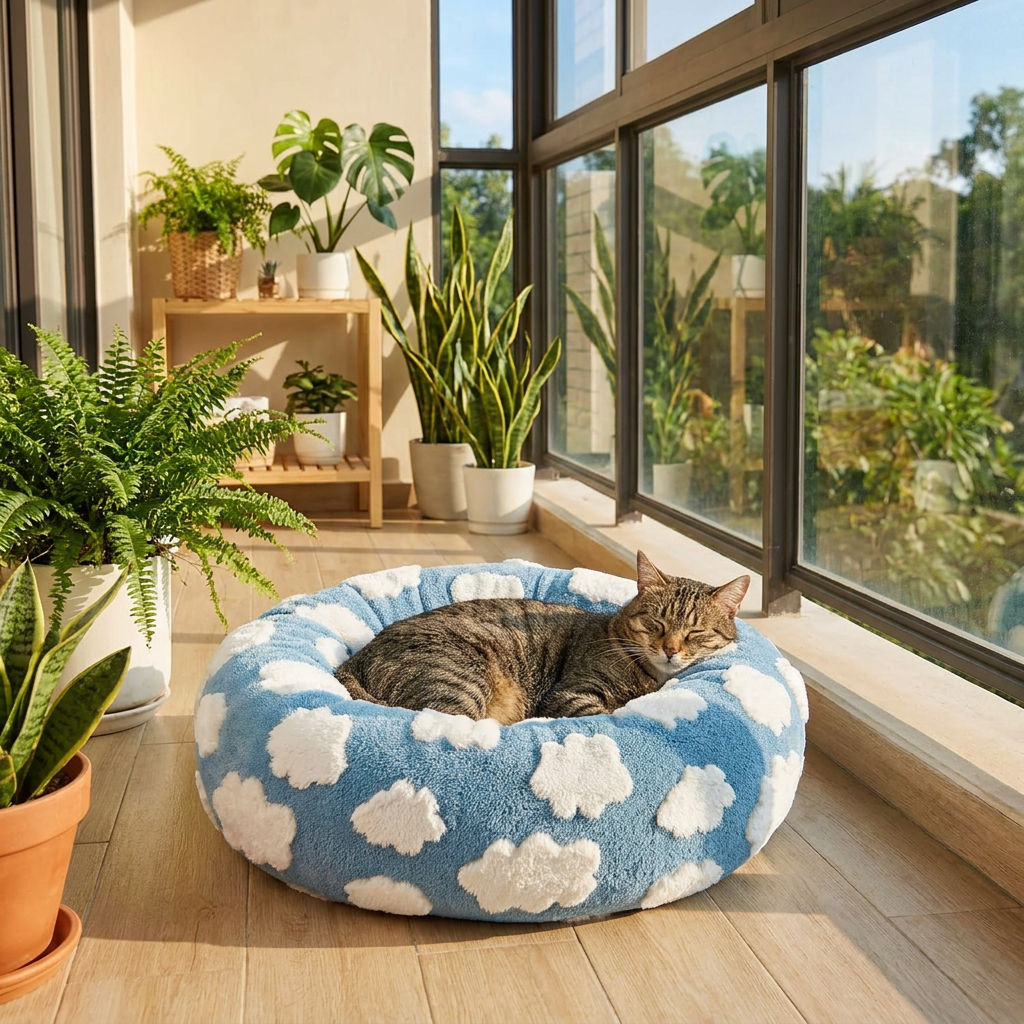 Small Medium Pet Donut Bed-40cm outer diameter, Soft Plush Round Dog Bed and Cat Bed with Raised Rim, Cozy Calming Pet Sleeping Cushion, Blue Cloud Pattern Washable Pet Bed for Small Medium Dogs Cats Puppies and Kittens